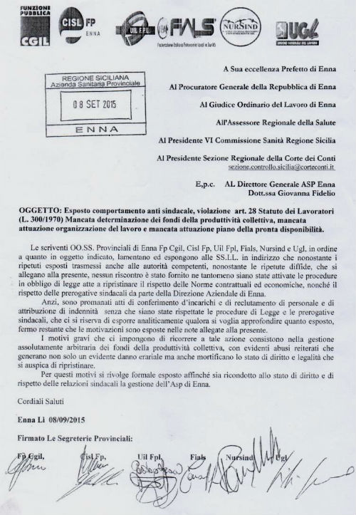 esposto comportamento antisindacale asp enna 2015