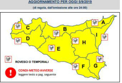 Temporali: allerta gialla per le province di Catania, Enna, Ragusa, Siracusa e Caltanissetta.
