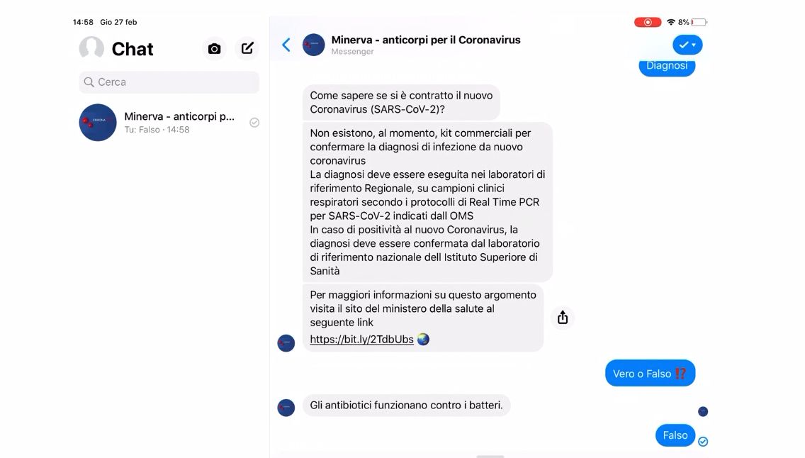 Coronavirus, un chatbot contro le fake news