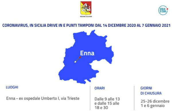 ASP Enna. “Drive in” per chi arriva in Sicilia da lunedì 14 dicembre a giovedì 7 gennaio