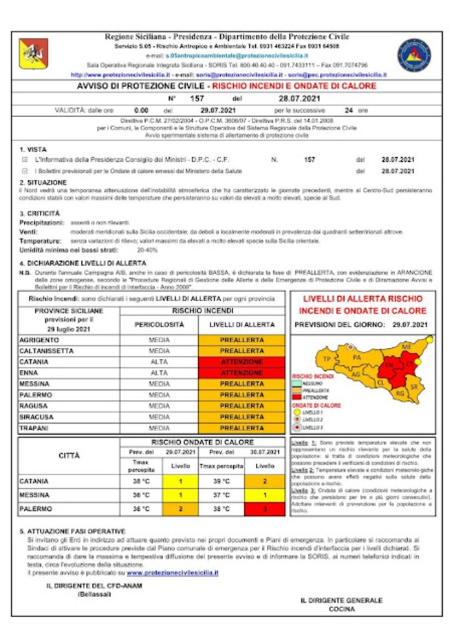 Avviso di Protezione Civile Sicilia. Allerta rossa: rischi incendi e ondate di calore per Enna e Catania