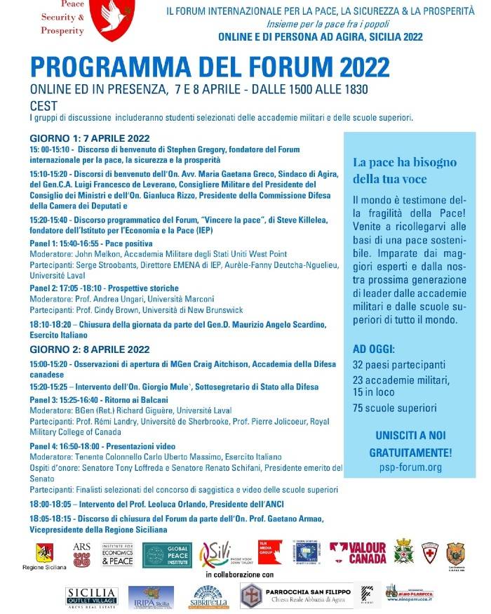 Ad Agira il 7 e l’8 aprile il Forum Internazionale per la Pace, Sicurezza e Prosperità